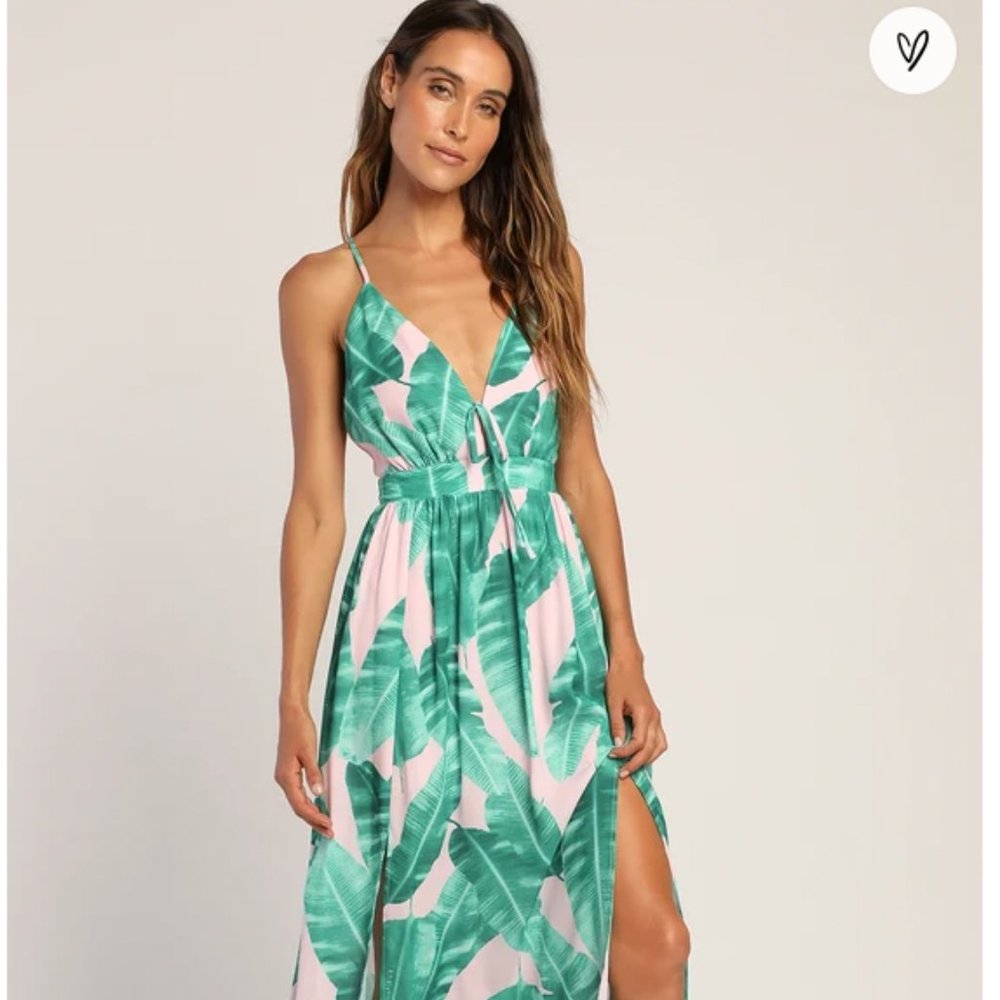 Lulu's Island Essentials Pink Leaf Print Sleeveless Maxi Dress